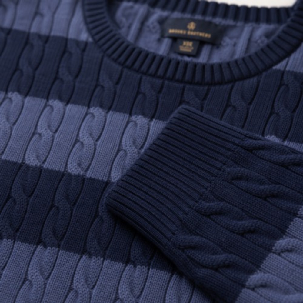 Brooks Brothers Mens 2XL Blue Striped Cable Knit Crew Neck Pullover Sweater - Picture 2 of 11